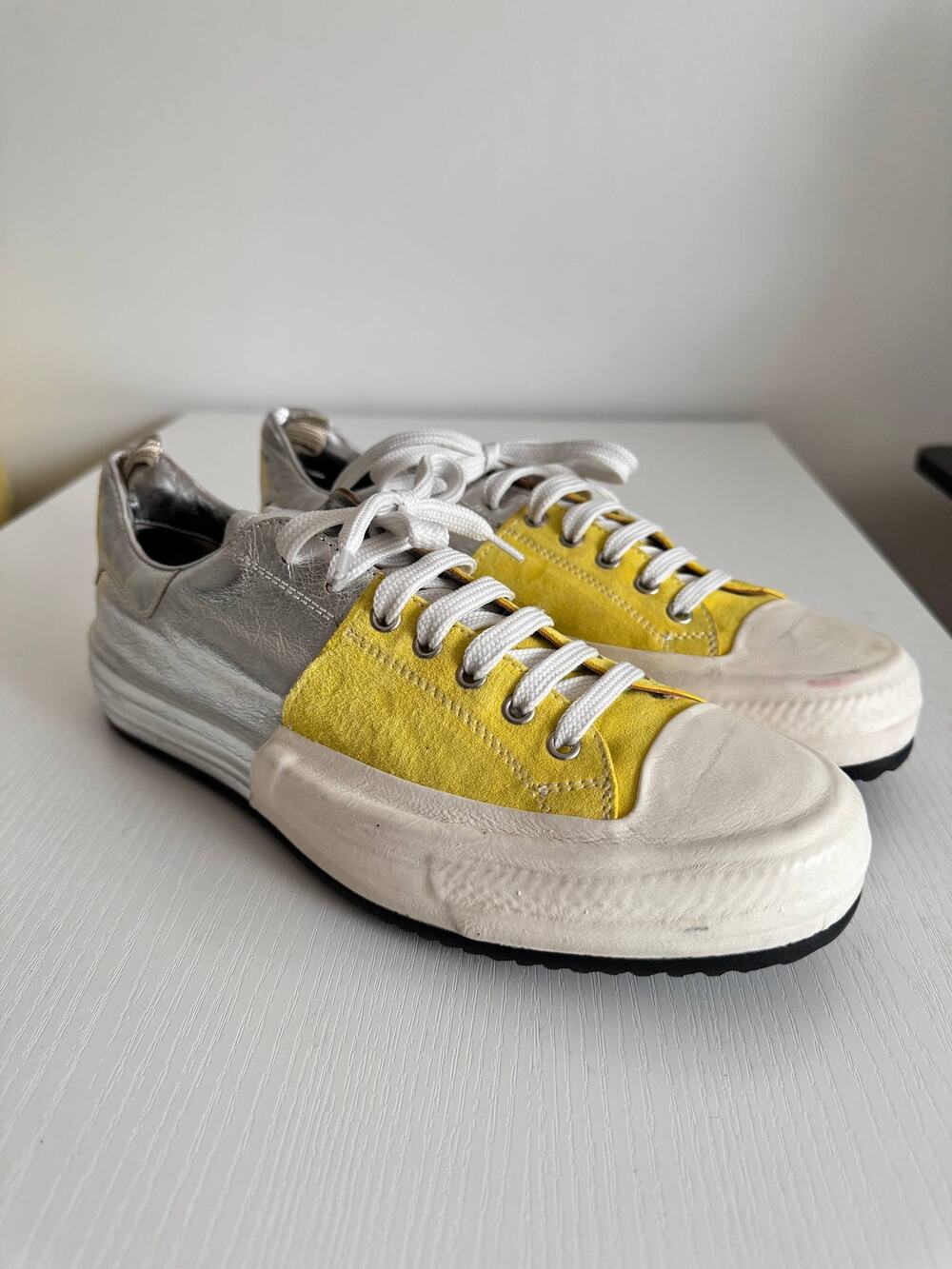 Officine Creative Yellow Silver Suede Leather Sneakers